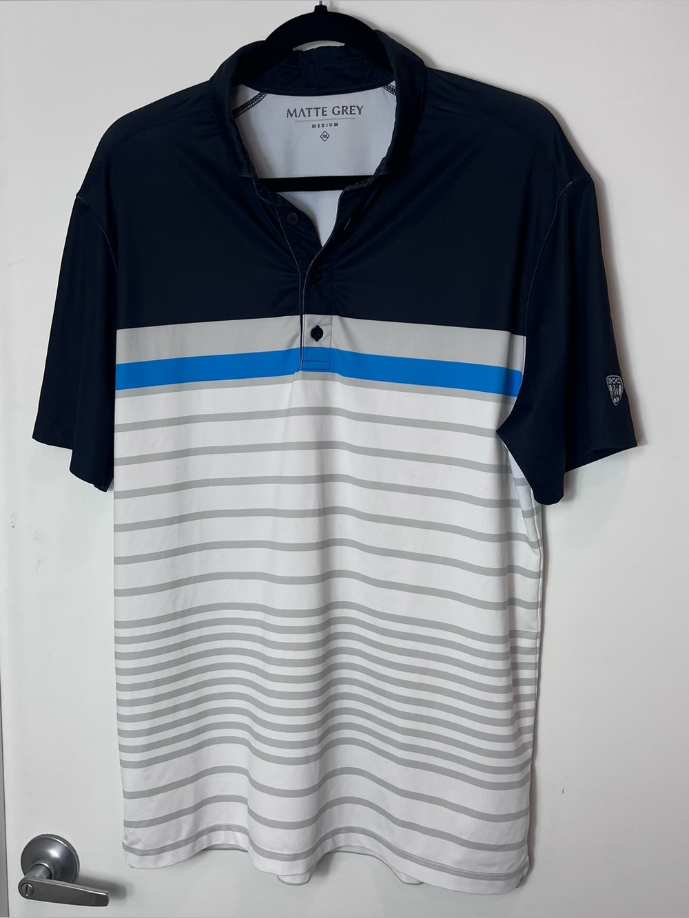 Matte Grey Men's Medium Striped Polo Golf Shirt Blue White OLCC Button